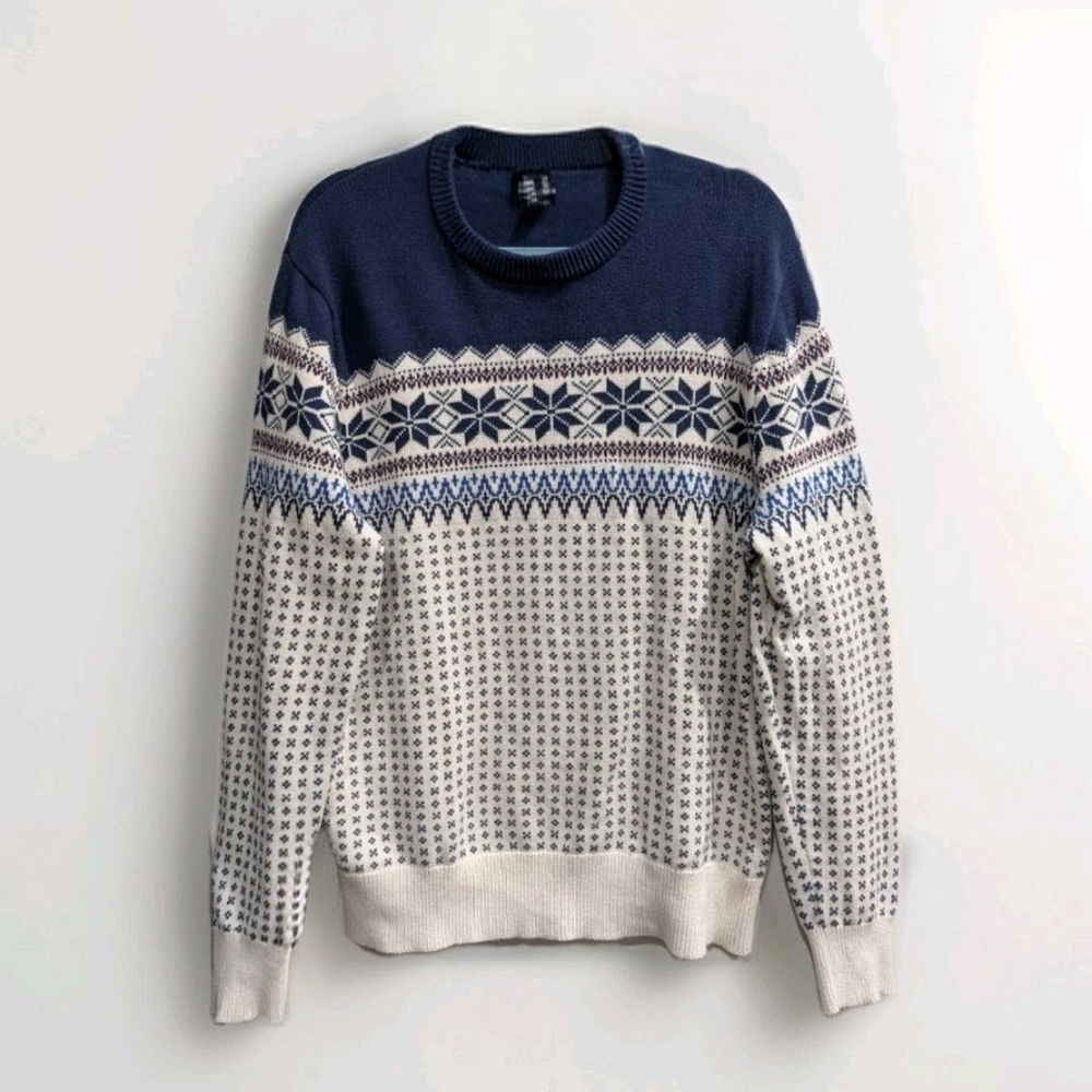 J. Crew Mens Fair Isle Cotton Sweater Crewneck L New England Cotton Cozy Cabin